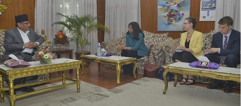 US Assistant Secretary Nisha Bishwal (centre) holding a meeting with Nepalâ€™s Prime Minister Pushpa Kamal Dahal (left) at the PMâ€™s official residence in Baluwatar. Photo: PM s Secretariat